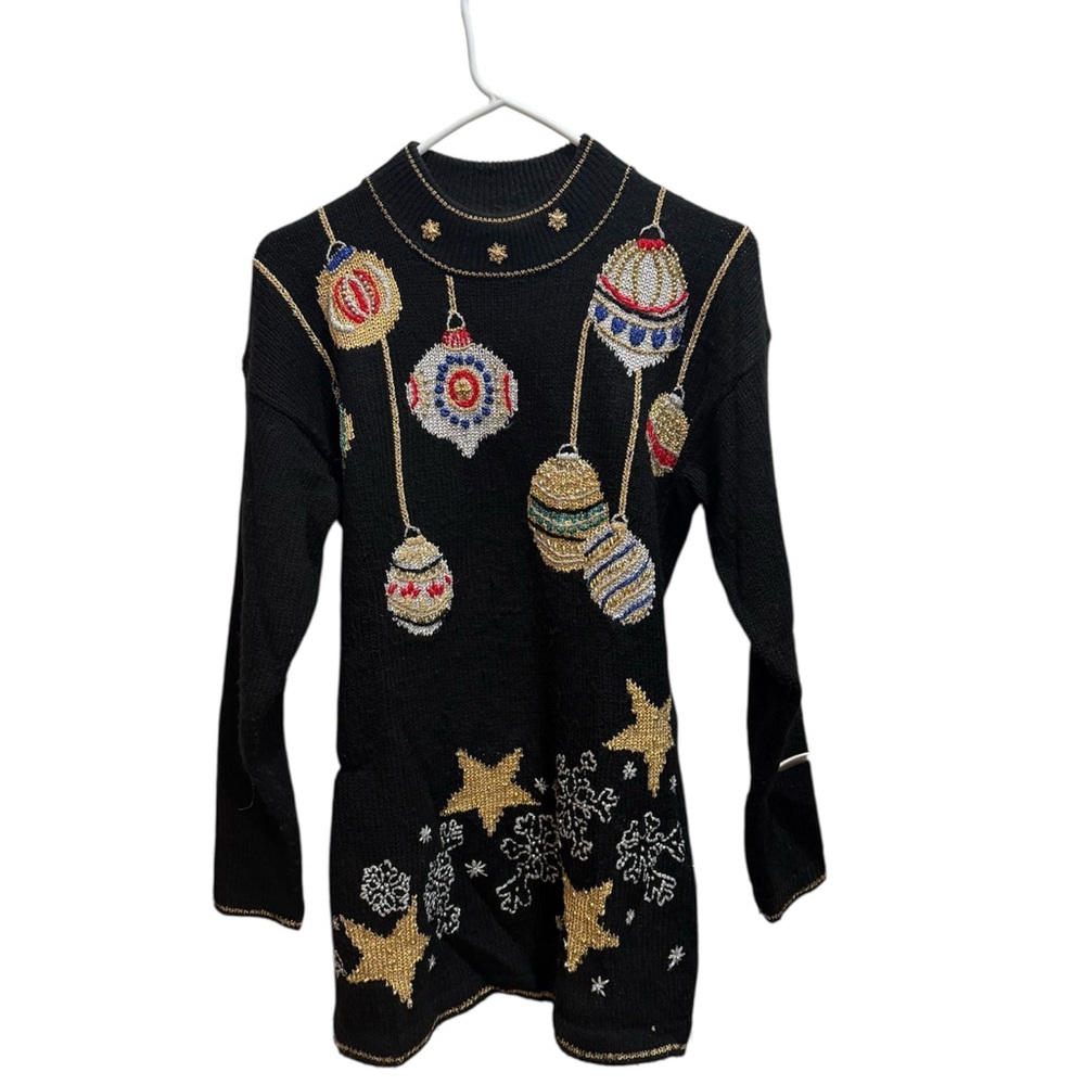 Vintage ugly Christmas sweater Black with Gold and Multicolor Ornaments medium